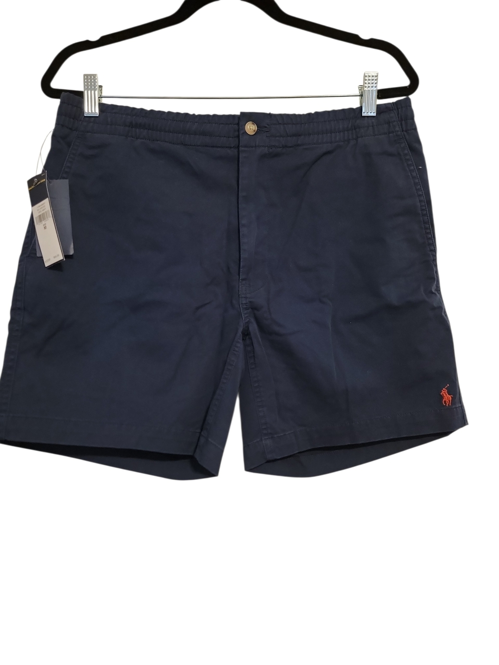 Classic Men’s Navy Flat Front Shorts with Red Logo